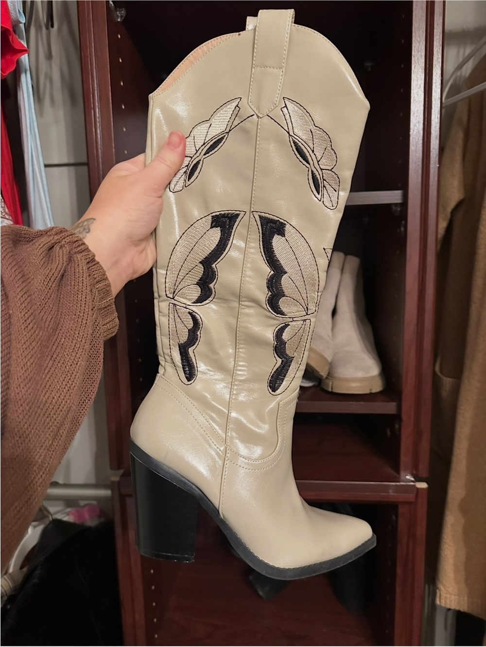 ASOS Cream Western Knee-High Boots with Black Embroidery